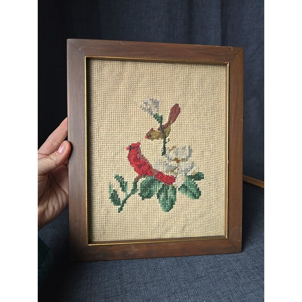 Vintage Framed Handmade Embroidery Needlepoint Red Bird Cardinals With Flowers